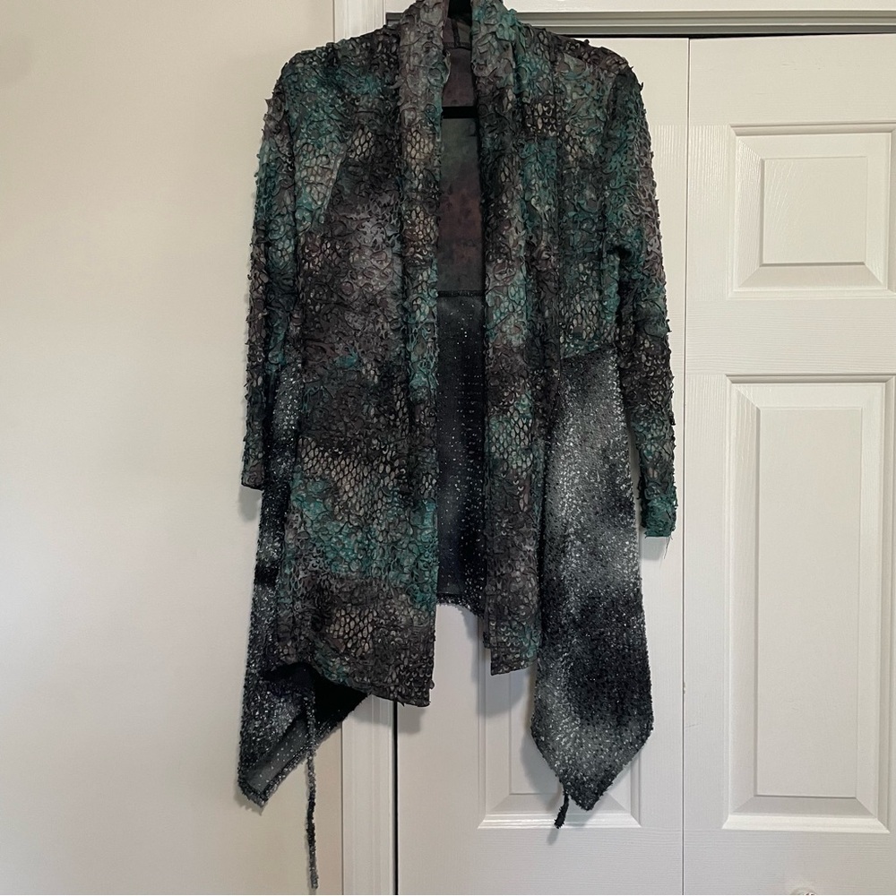 Alberto Makali Teal and Black Open Front Textured Cardigan